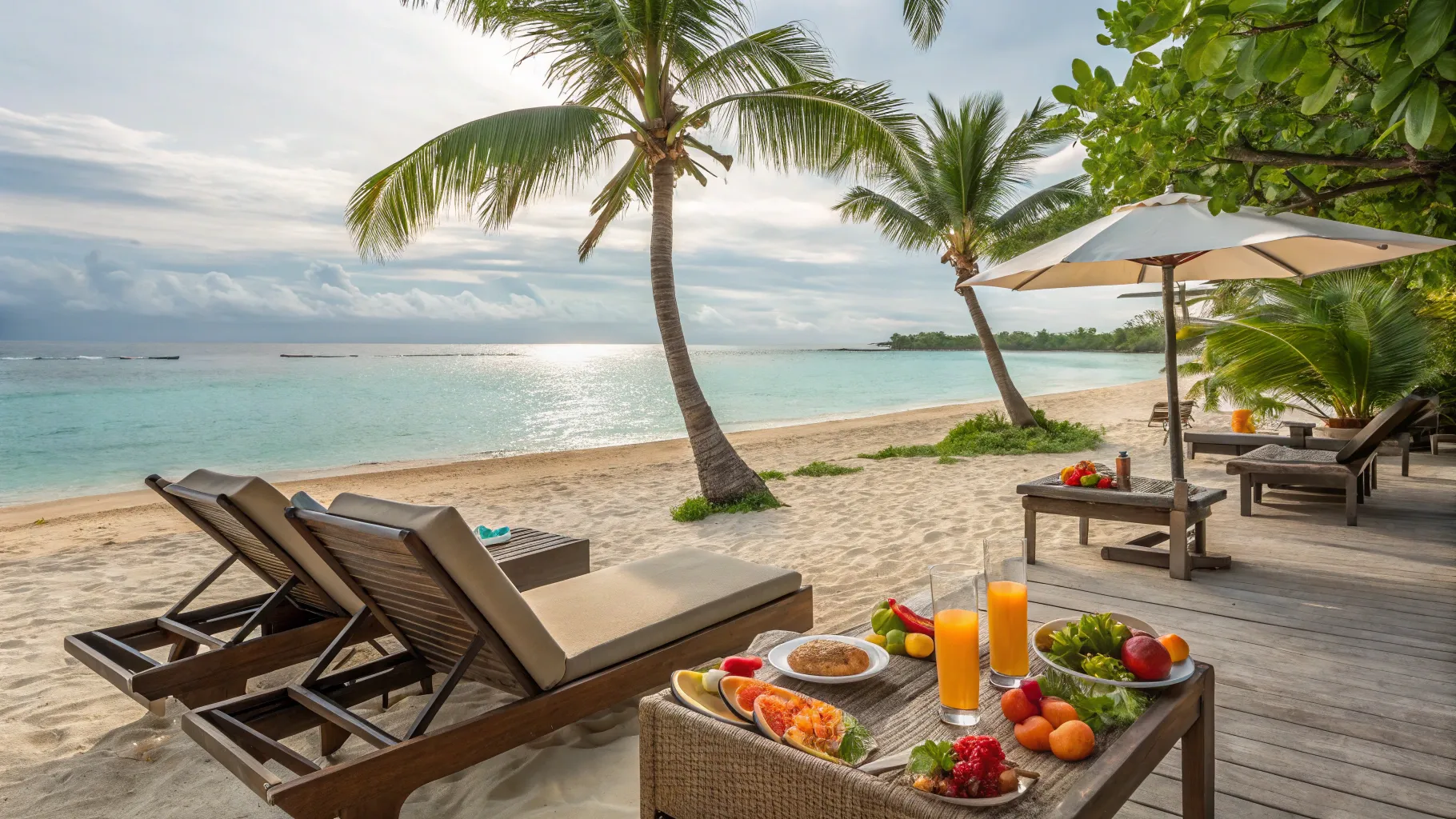 All-Inclusive vacation resort scene with beach chairs and vibrant tropical surroundings.