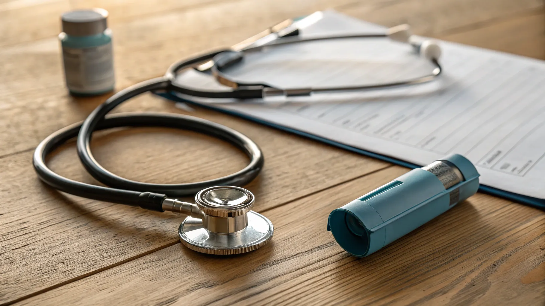COPD Signs and Treatments: Stethoscope and inhaler on a wooden table, emphasizing care.
