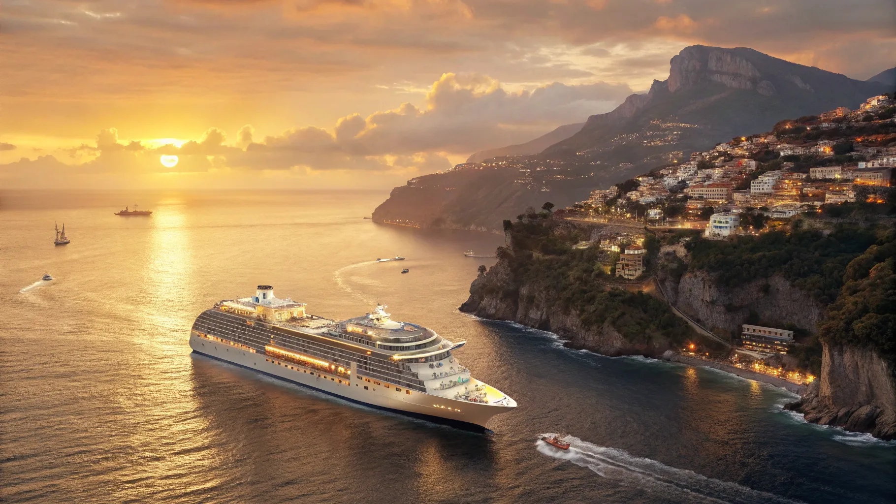 Cruise from United Kingdom to Italy 2026, elegant ship on serene Mediterranean waters.