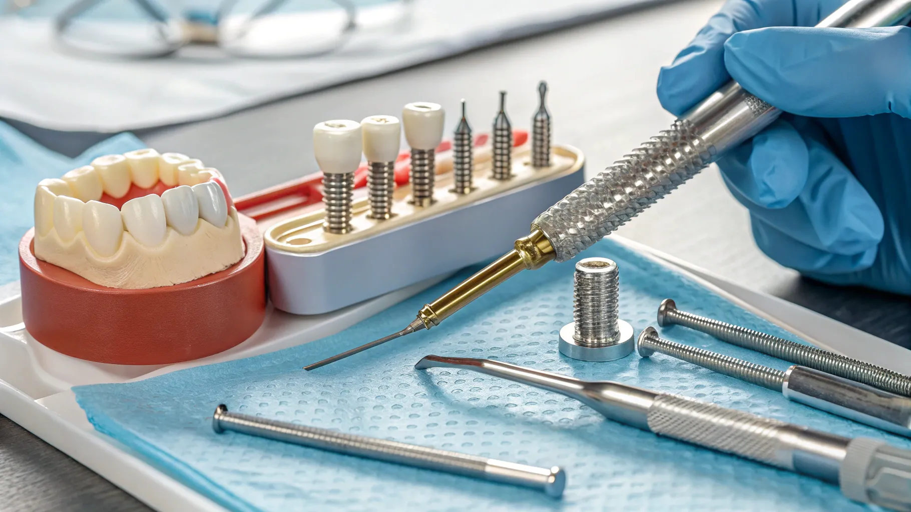 Does Medicare Cover Dental Implants? Dental procedure setup with dental tools and implants.