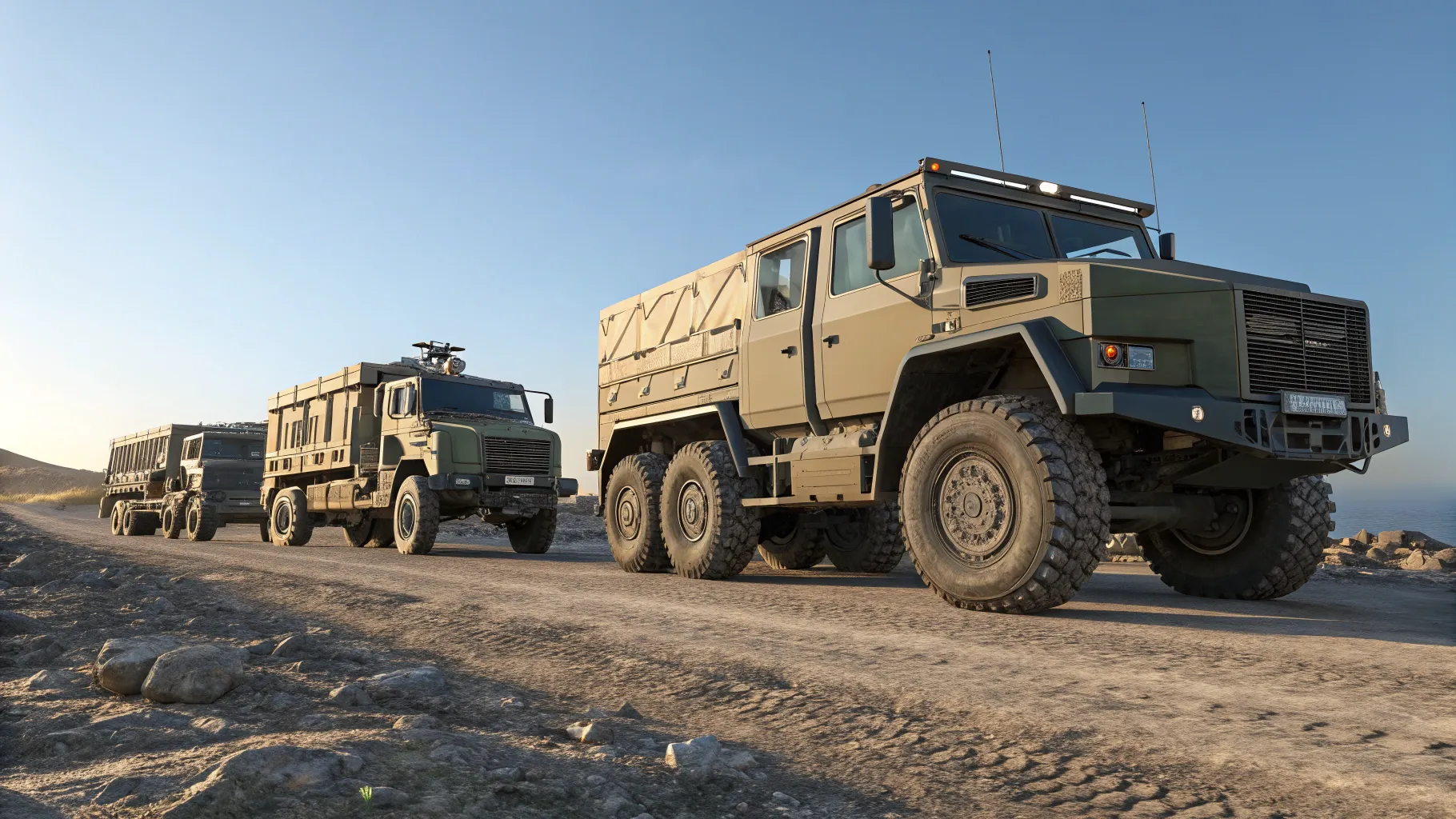 Ex Military Trucks showcasing diverse models in a rugged terrain under clear skies.