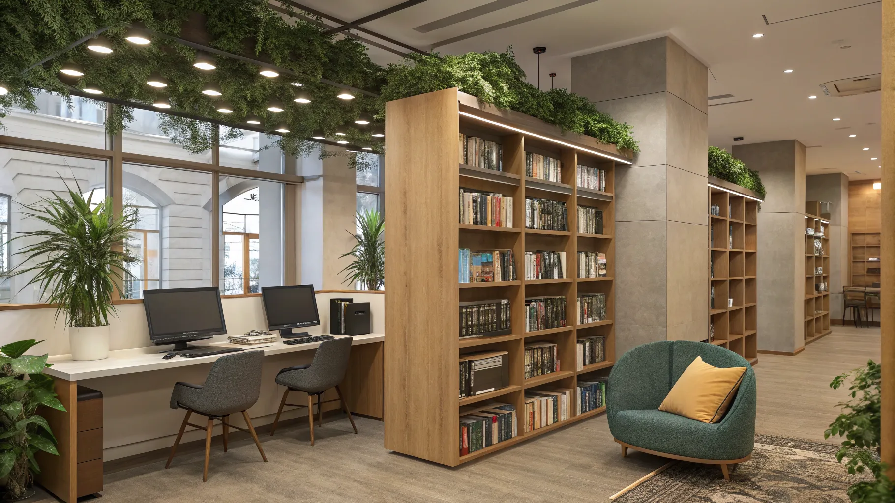 Library Assistant workspace featuring books, computers, and inviting reading areas.