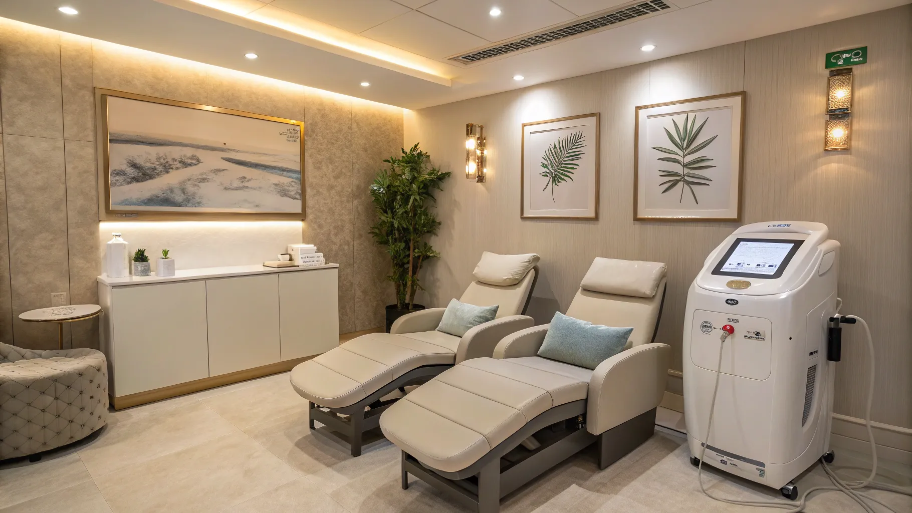Laser Hair Removal Treatments in a modern, calming clinic interior with advanced equipment.