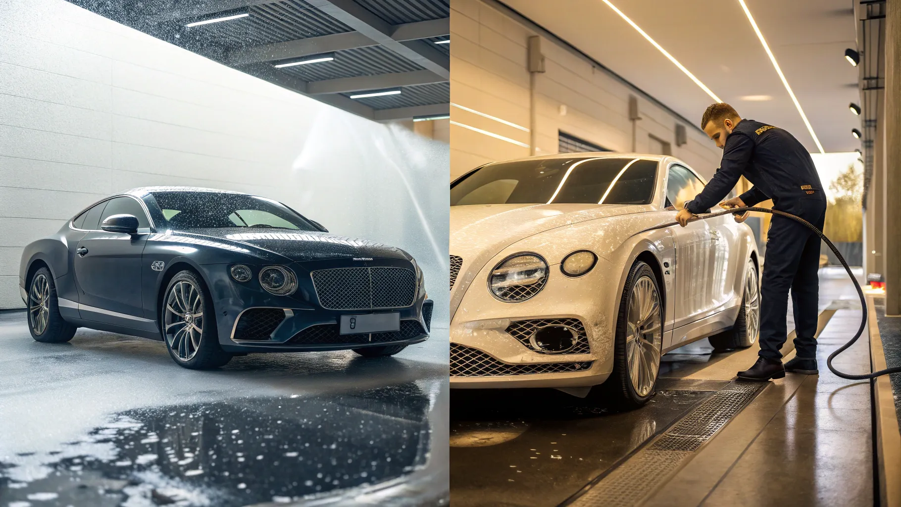 Luxury Car Detailing vs Basic Car Wash: A stunning contrast in car care environments.
