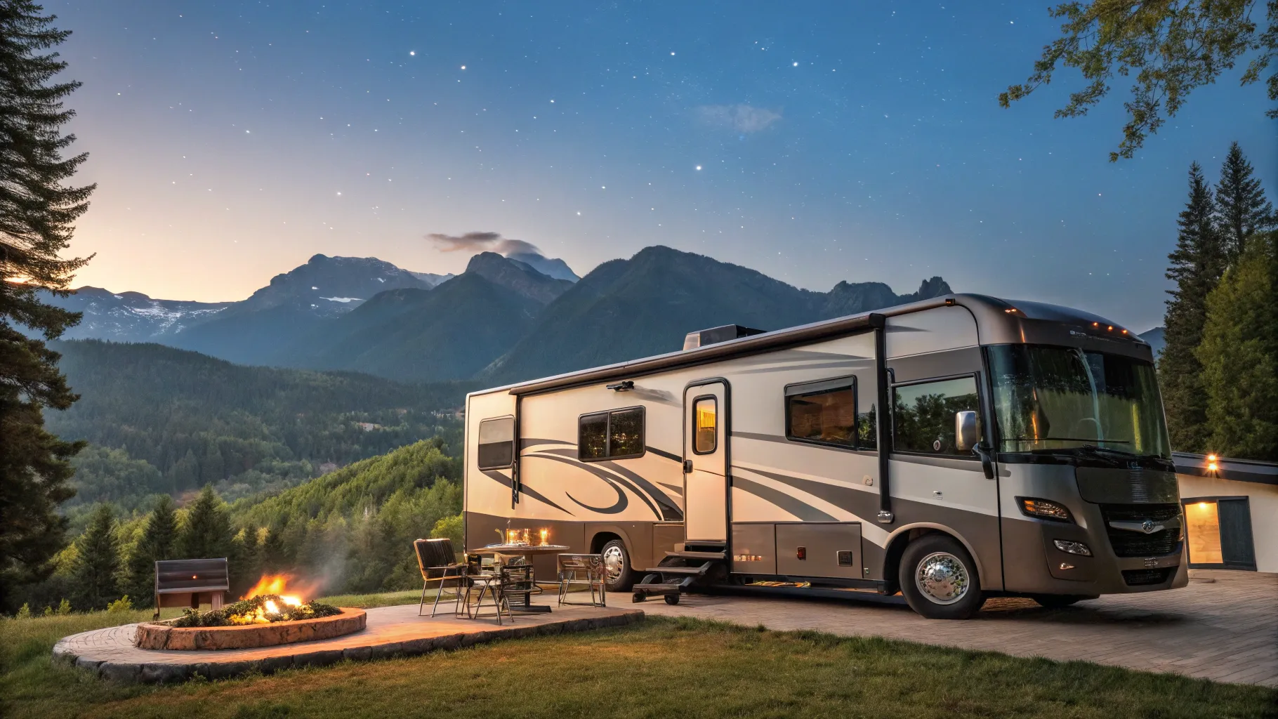 Luxury RV rentals for weekend trips nestled in nature, with mountains and greenery surrounding.
