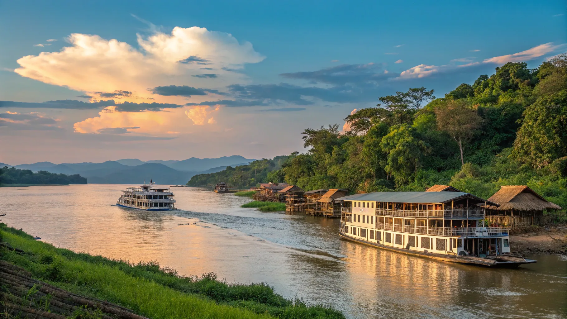 Mekong River Cruises amidst lush landscapes and traditional stilt houses under a sunset.