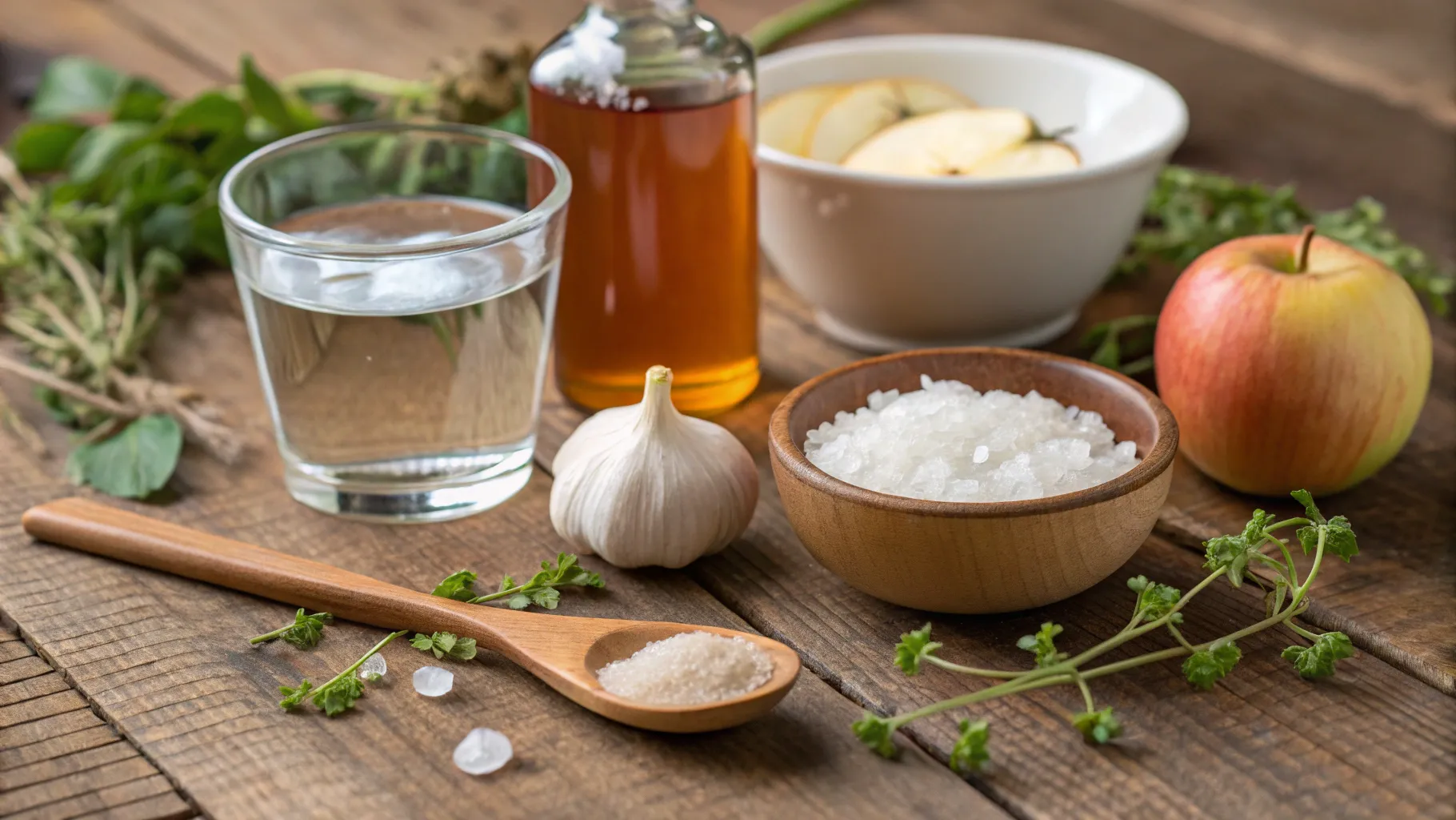 Natural Remedies for Tonsil Stones on a rustic wooden table displaying various items.