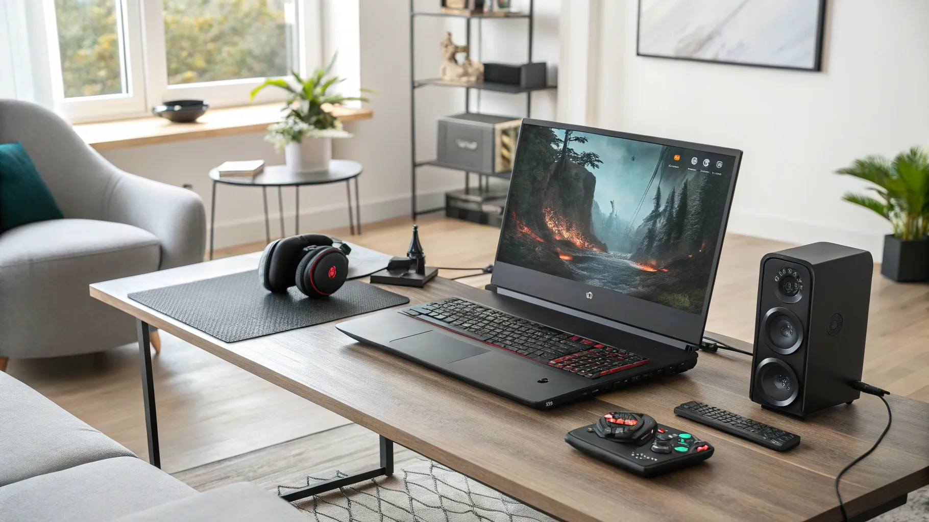 Pay Monthly Laptops on a stylish desk with gaming gear and a cozy workspace.