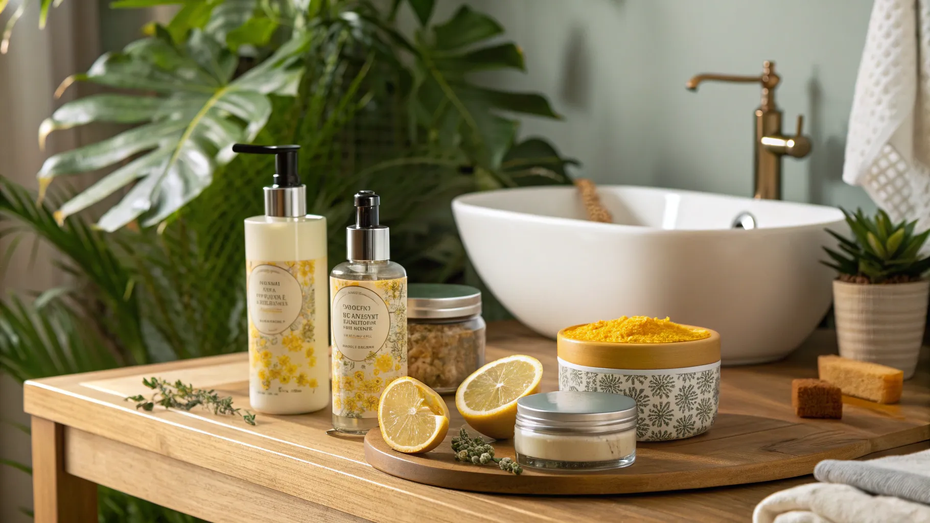 Solutions for Dark Spots on Skin: A serene bathroom scene with skincare products and plants.