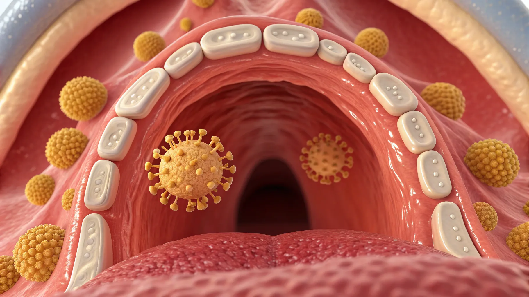 Symptoms and Causes of Tonsil Stones illustrated with tonsils and visible formations.