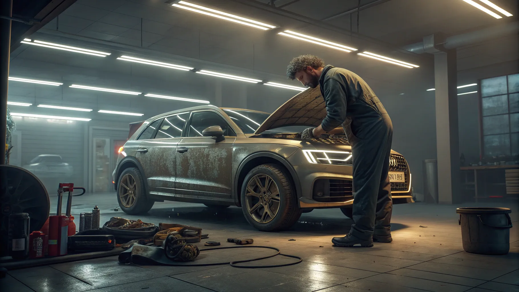 Tips For Buying Used Cars: A mechanic meticulously inspects a vehicle in a garage.