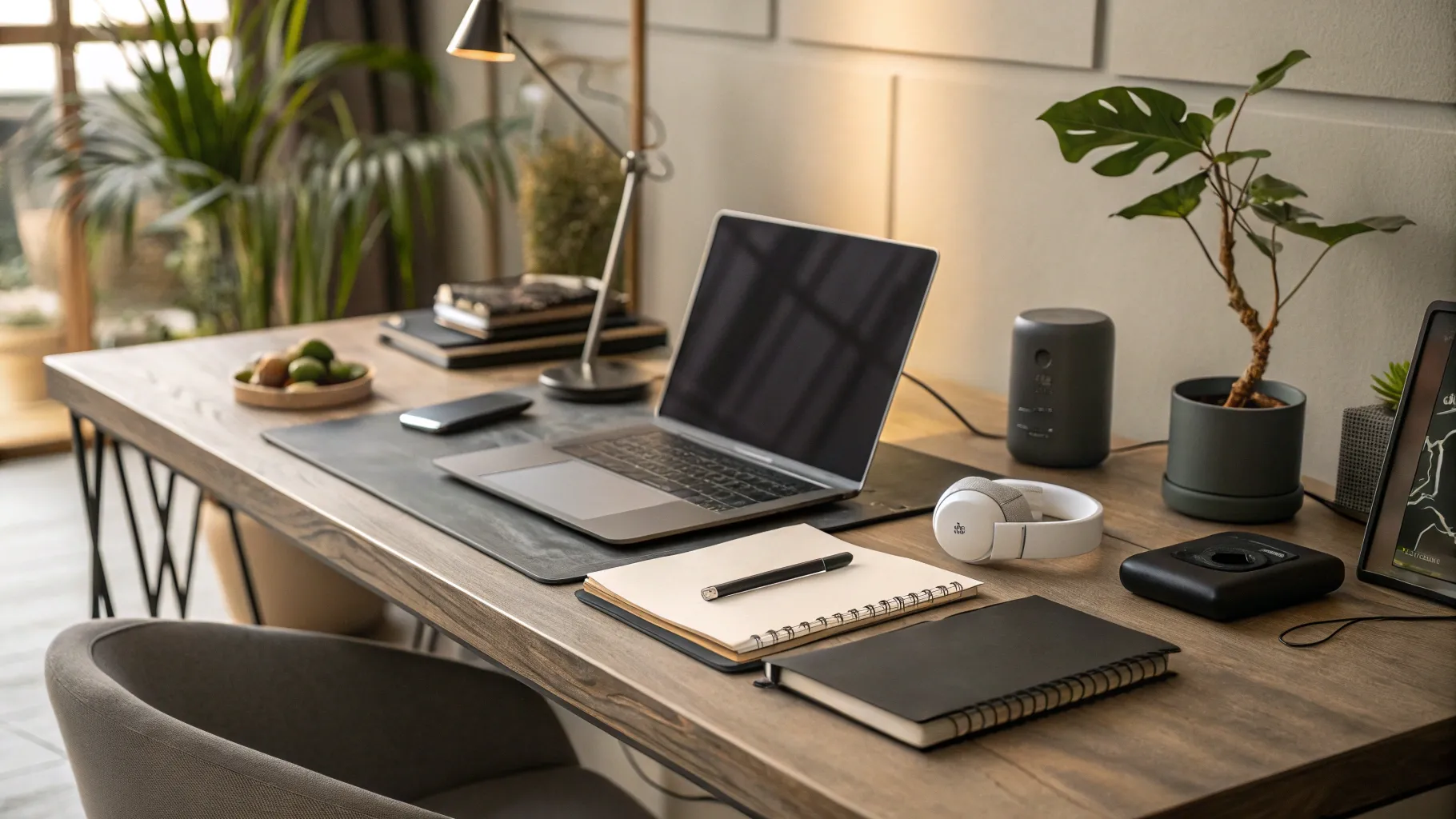 Virtual Assistant Jobs: A stylish home office with tech gadgets and a laptop setup.