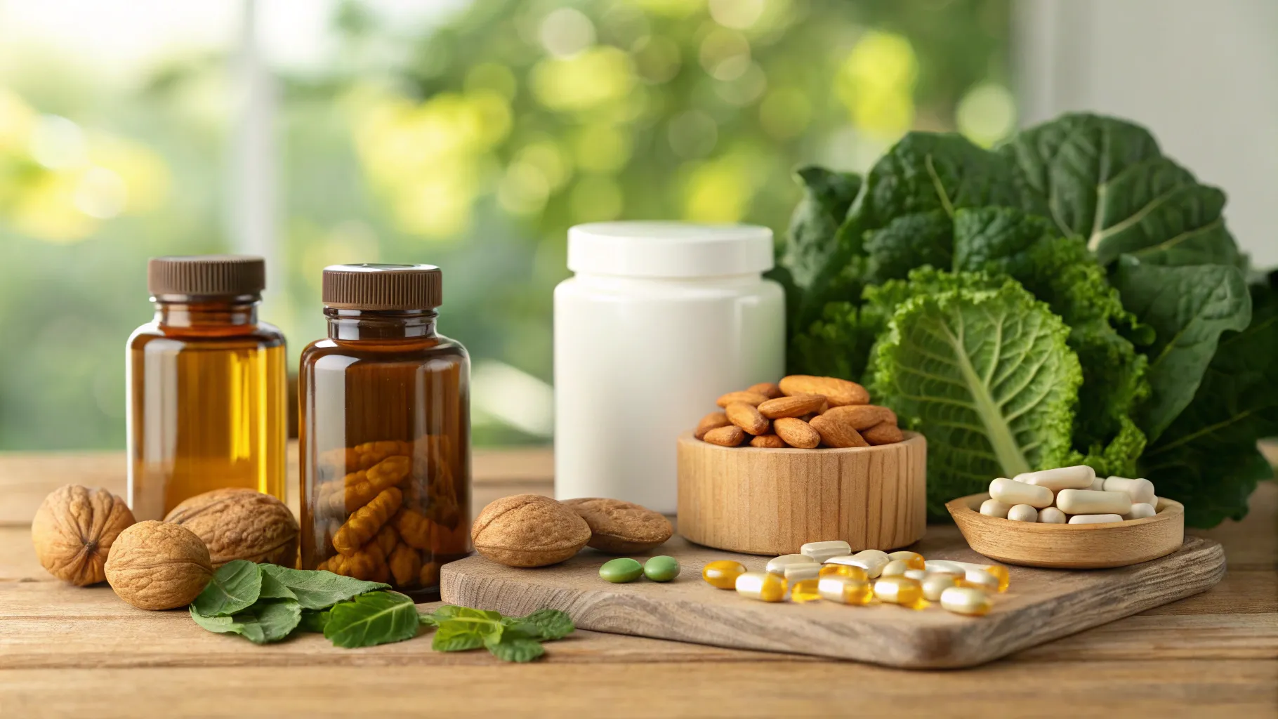 Vitamins That May Help Slow Dementia: Assorted supplements and healthy foods for brain health.