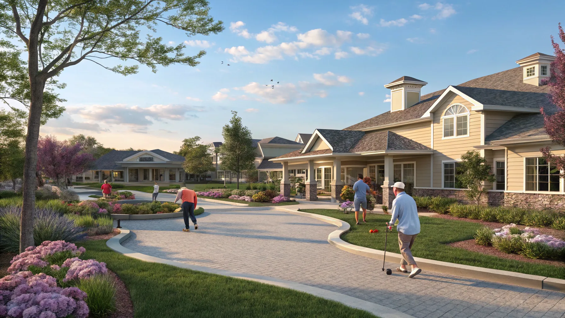 Active Adult Retirement Communities surrounded by greenery and residents enjoying activities.
