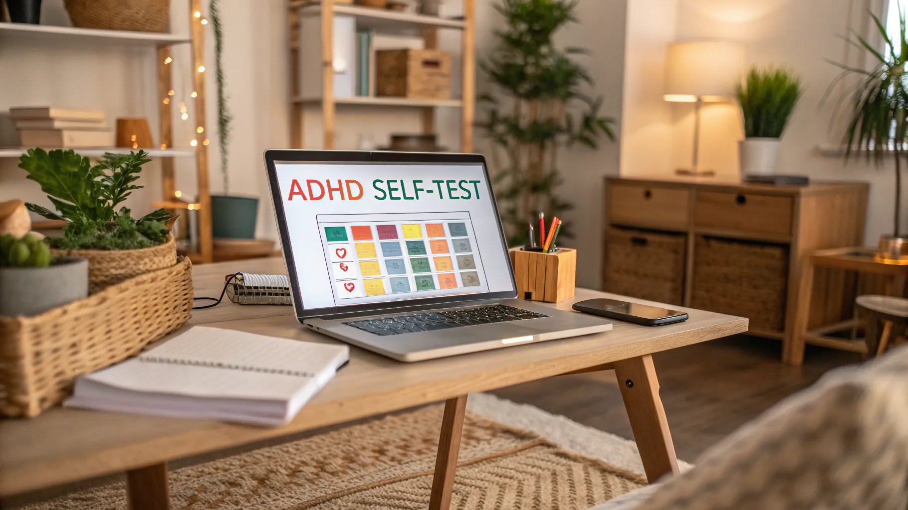 adhd self test online interface displayed on a laptop in an inviting home office.