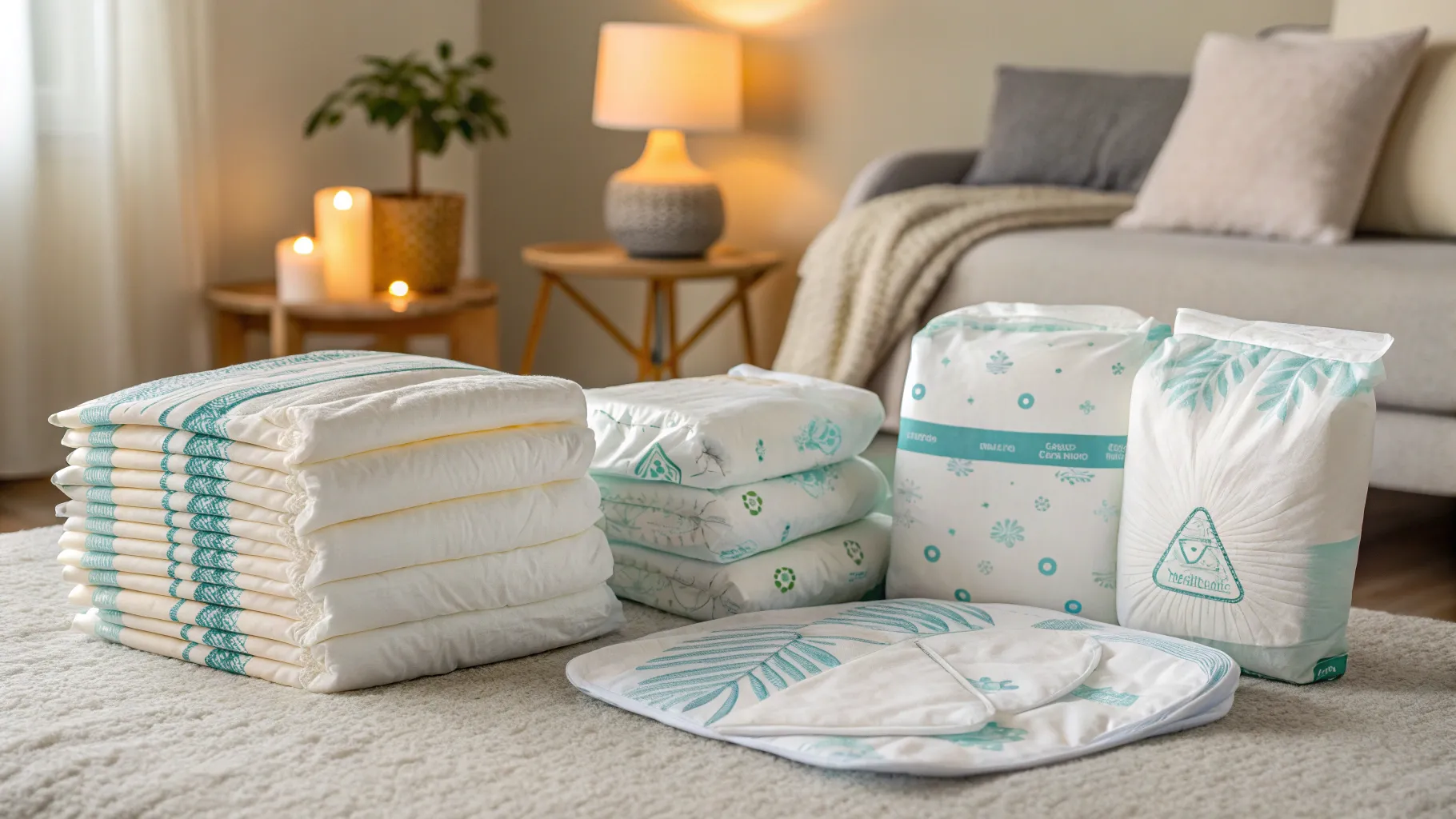 Adult Diapers in various styles on a textured surface, showcasing comfort and variety.