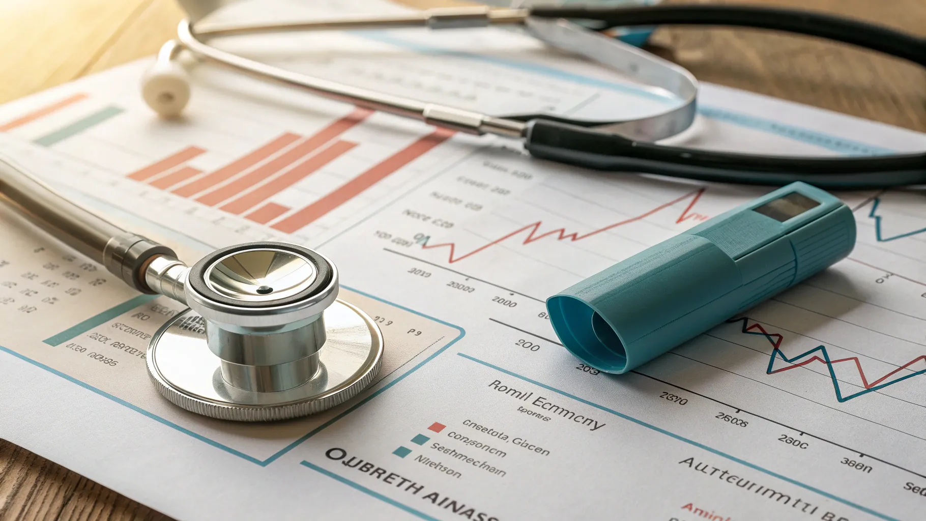 Asthma Recognising Symptoms: Stethoscope and inhaler on a medical chart in a clinical setting.