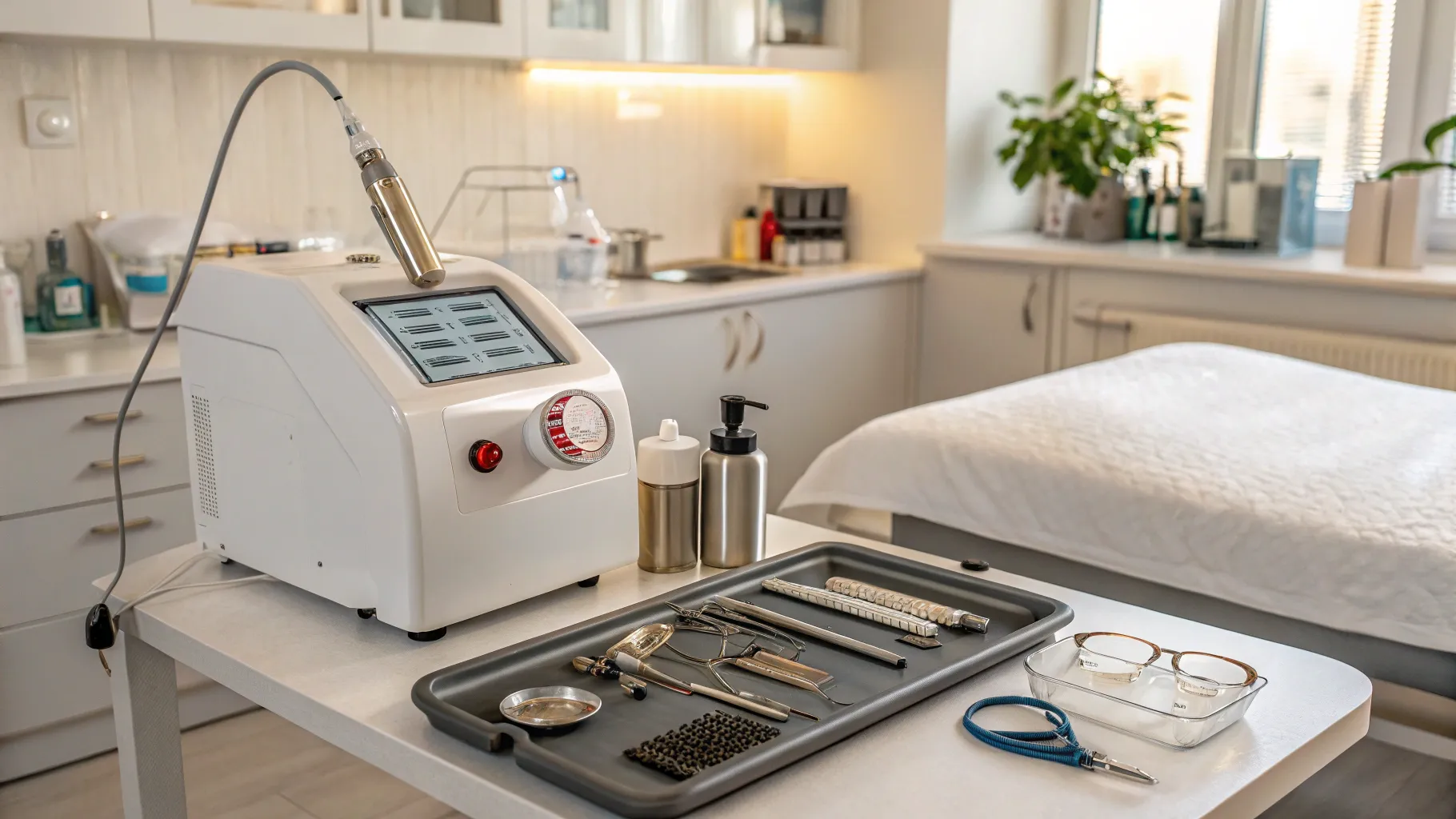 CO2 Laser Treatments in a sterile clinic with advanced laser equipment and tools.
