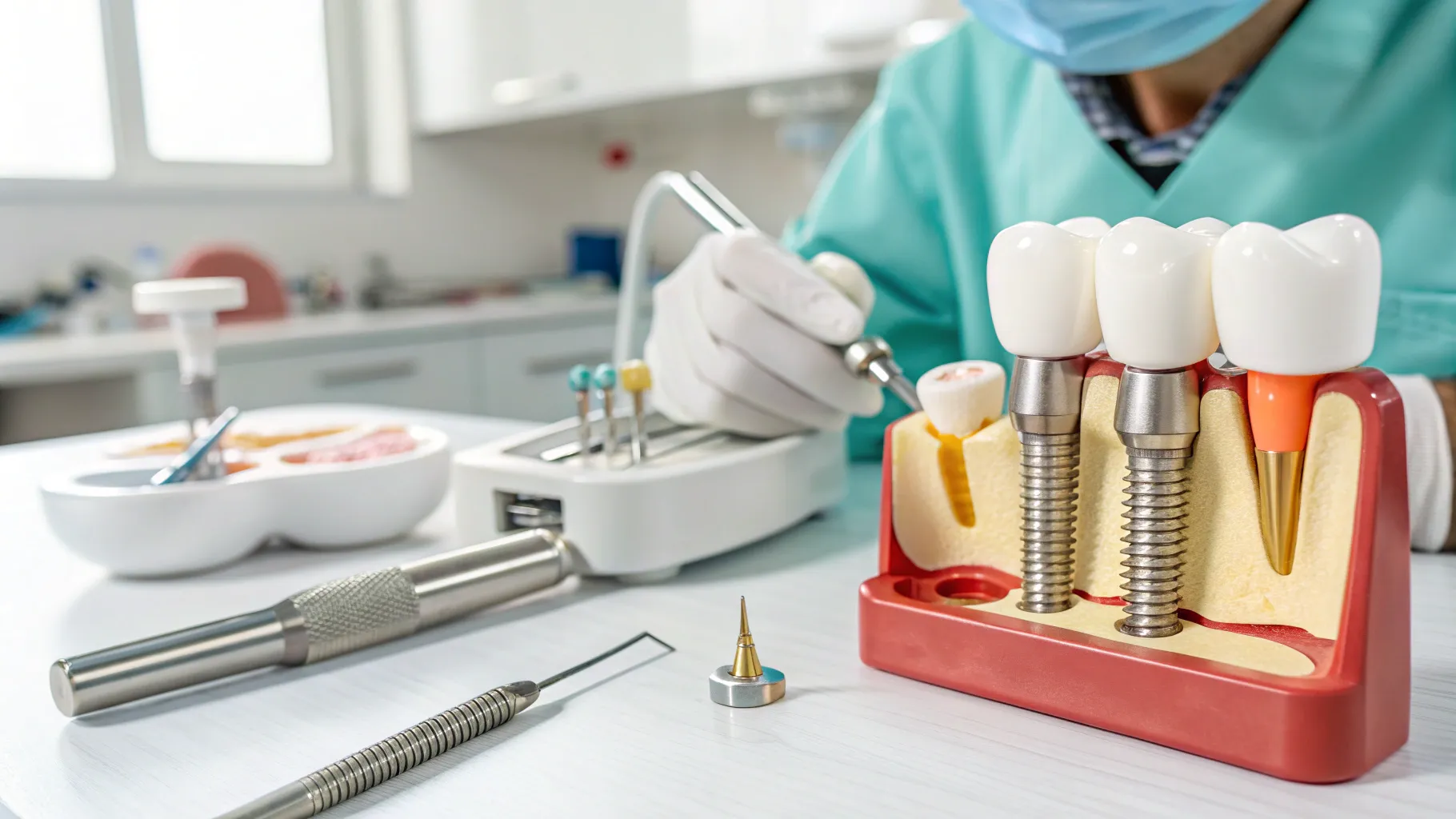 Dental implants being placed in a clinical setting, showcasing intricate details.