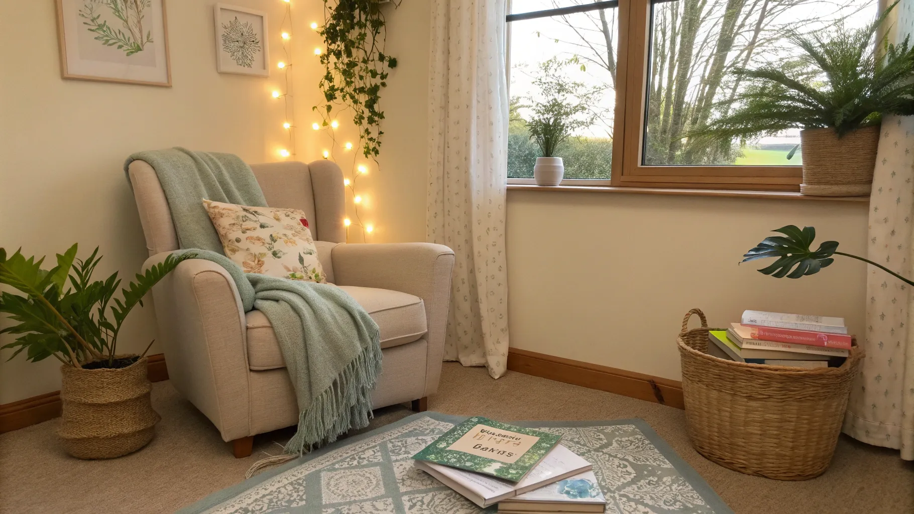 Online depression test setting with a cozy chair and calming nature elements.