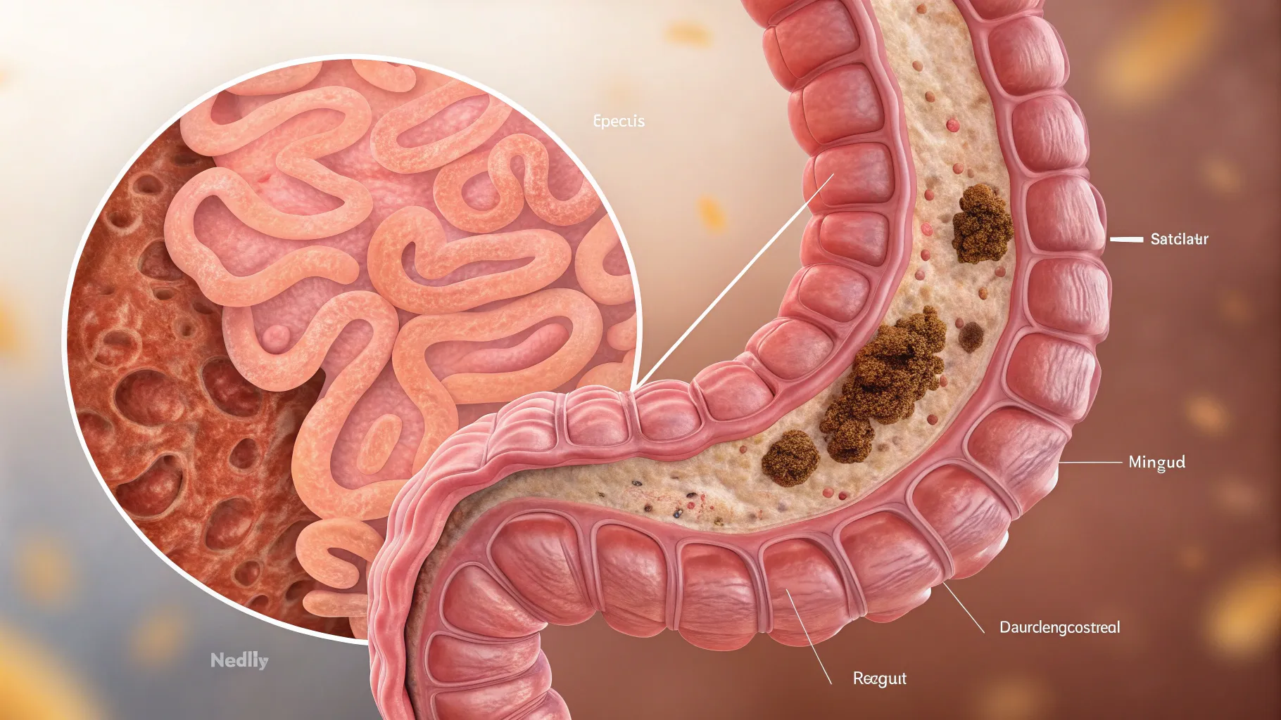 Early signs of colon cancer showcased through detailed intestinal textures and changes.