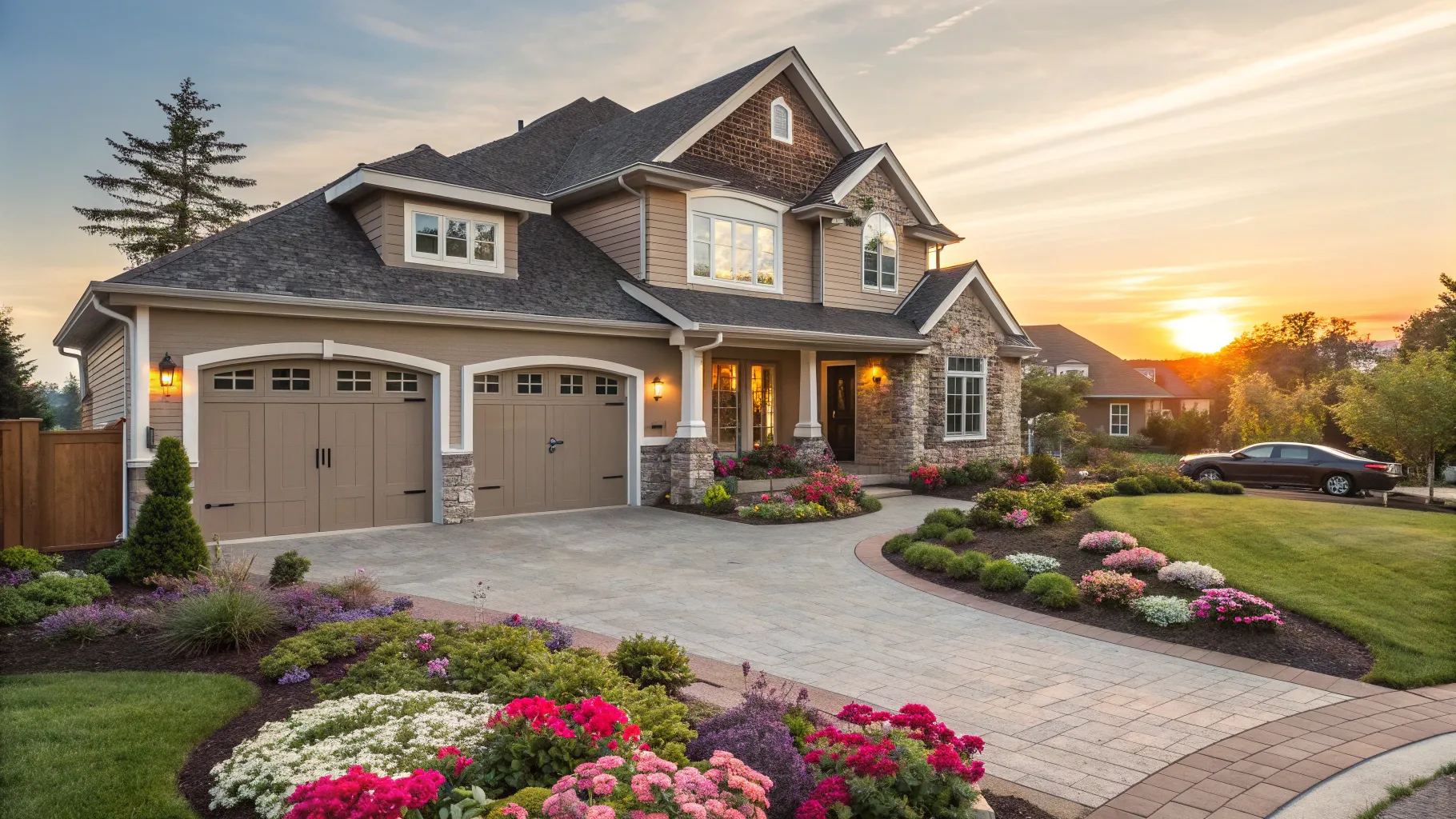 Home value estimated from a charming suburban house with vibrant landscaping.