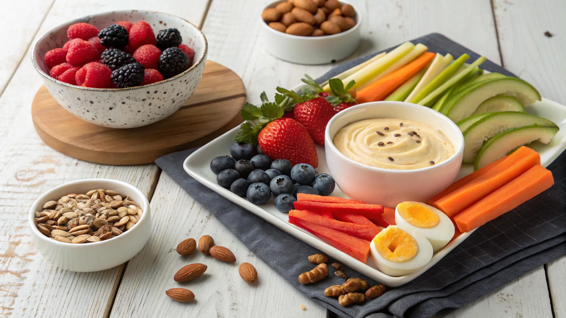 Healthy snacks for type 2 diabetes displayed on a wooden table with vibrant textures.