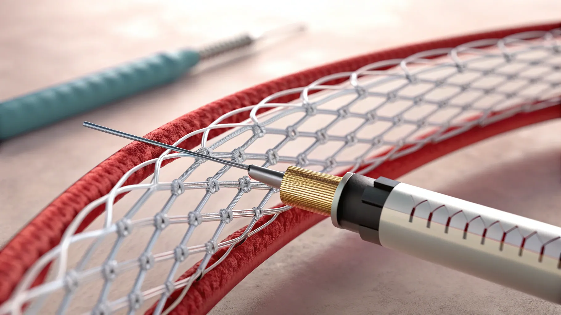 Heart Stent procedure with intricate details of medical instruments and technology.