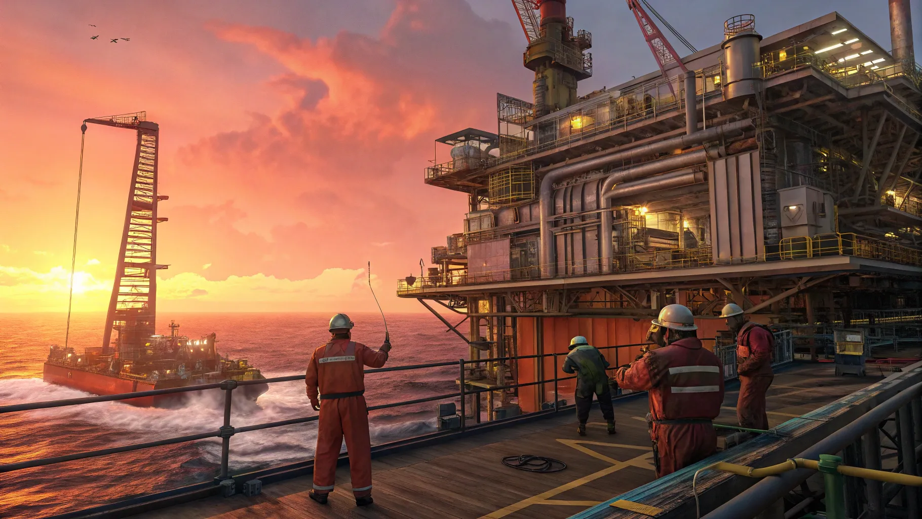 Offshore jobs on an oil rig at sunset, highlighting machinery and safety equipment.