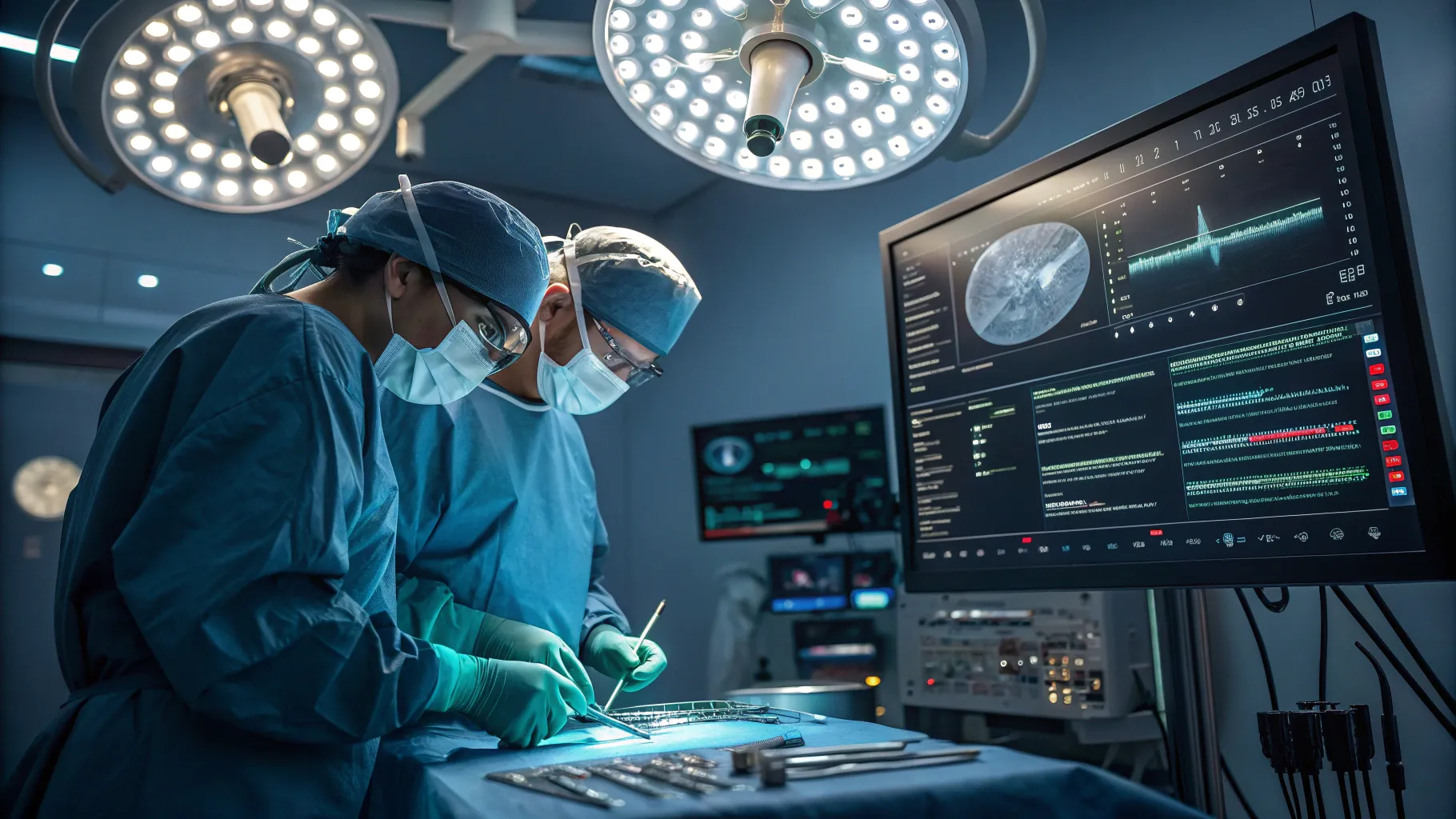 Hip Surgery procedure depicted in a vibrant, detailed operating room setting.