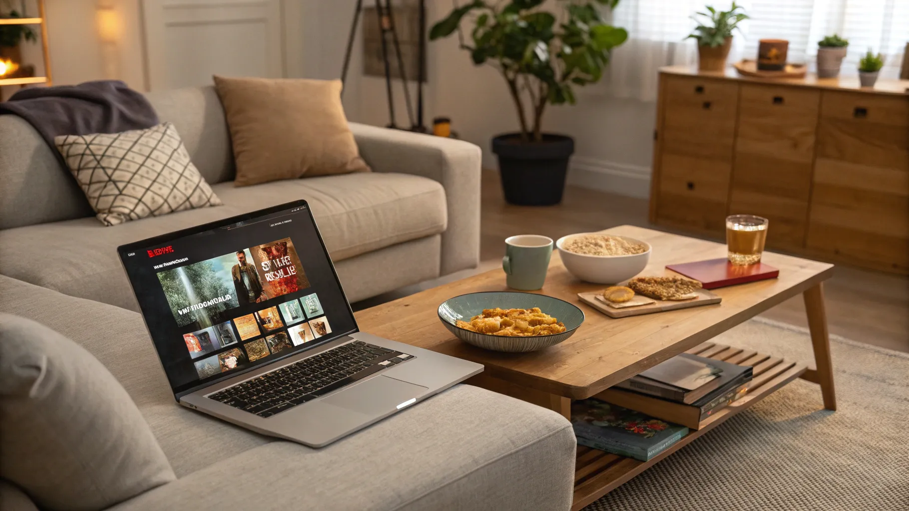 earn money by watching videos in a cozy home with a laptop and drinks nearby.