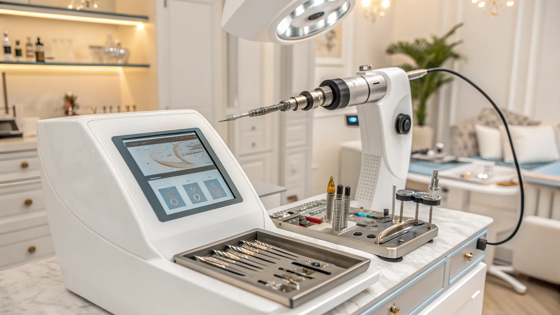 Laser surgery for under eye bags depicted in a modern medical setting with advanced equipment.