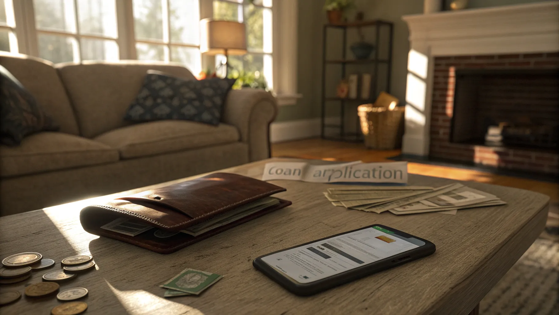 loan without approval: an empty wallet and scattered bills in a cozy living room.