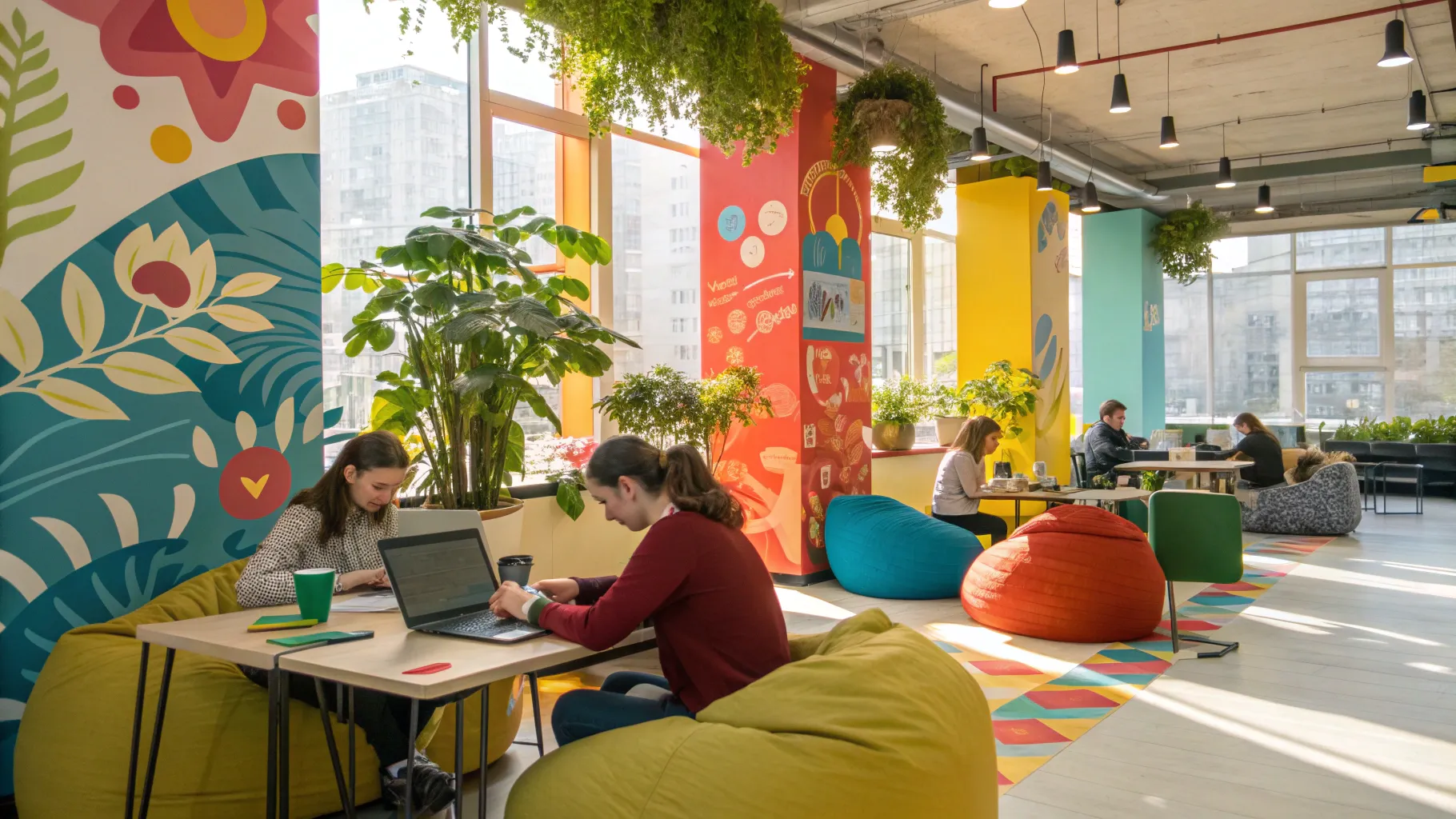 Remote jobs in a lively co-working space with diverse workstations and vibrant decor.