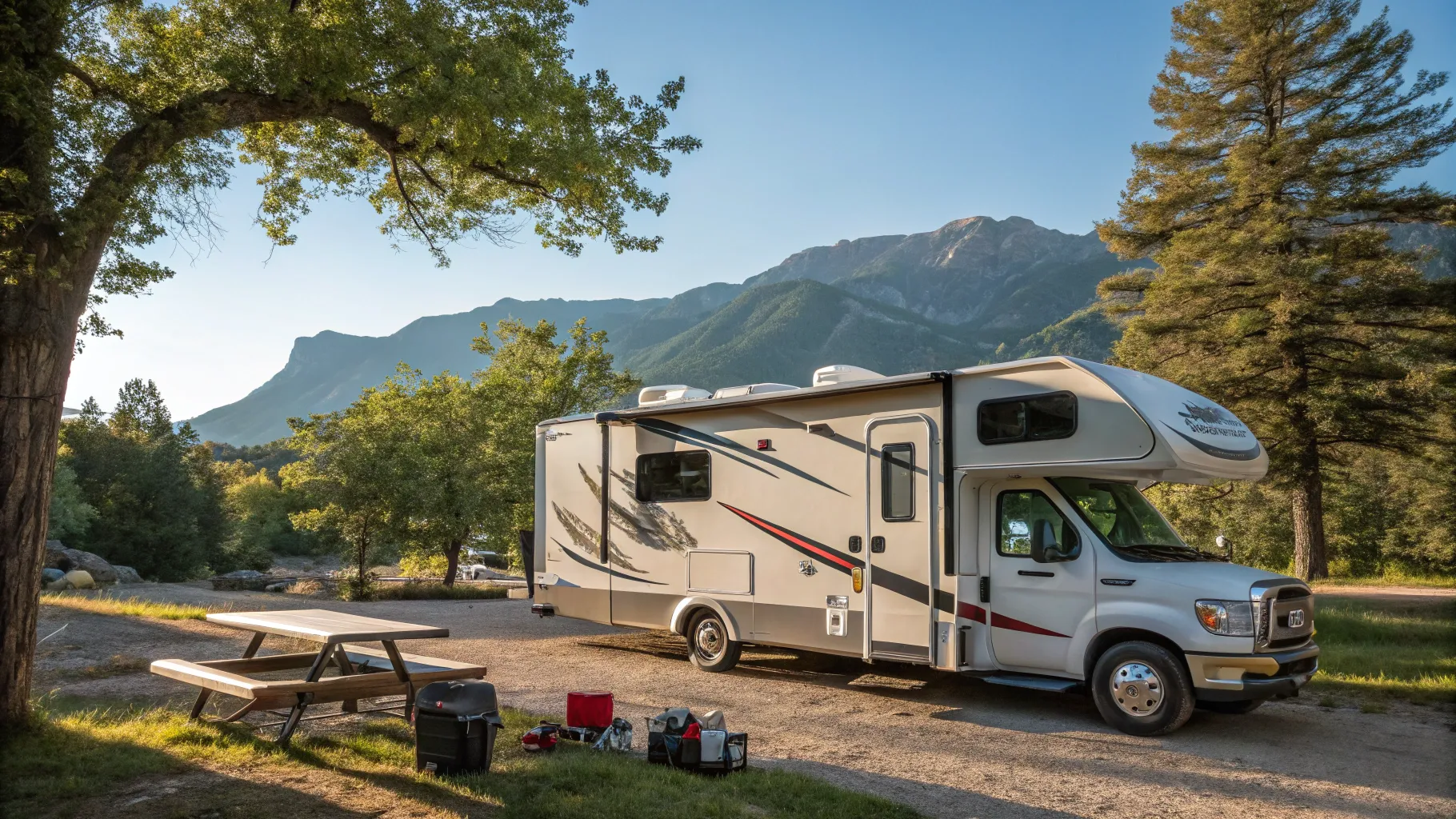 repossessed motorhomes parked in a scenic campsite with mountains in the background.