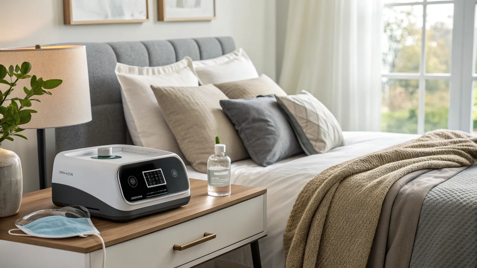 Sleep Apnea Devices shown in a modern bedroom with a CPAP machine and cozy bed.