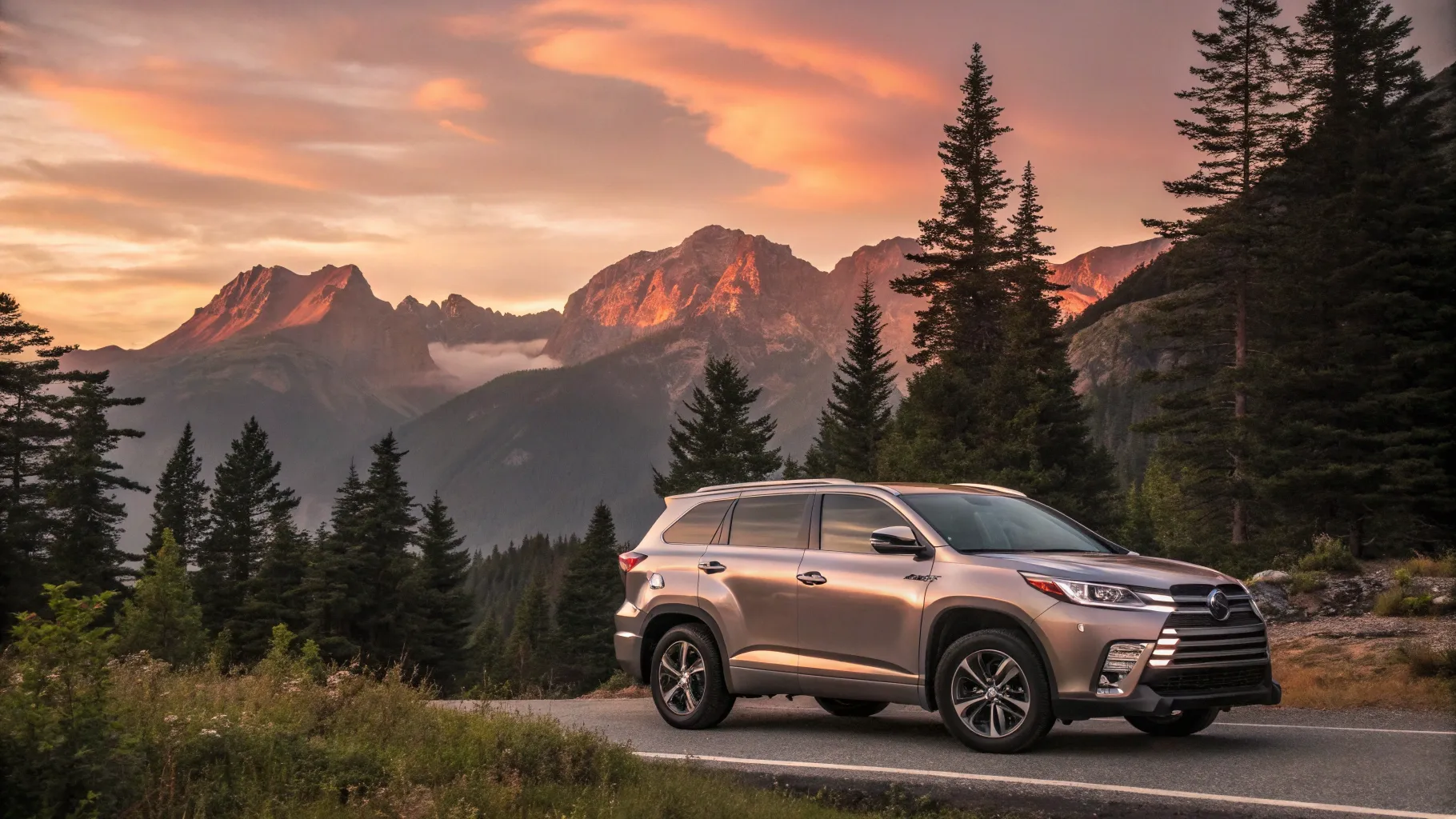 Exploring the Toyota Grand Highlander amidst stunning mountain scenery at sunset.