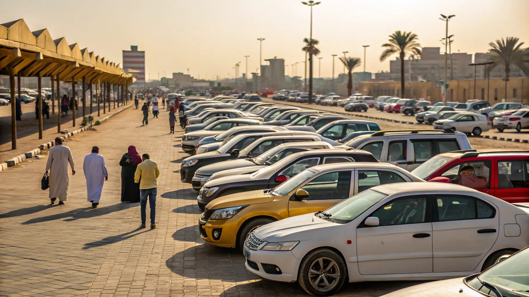 عرض كبير لسيارات مستعملة للبيع في معرض مفتوح، يظهر أنواعًا مختلفة من السيارات الجاهزة للفحص والشراء