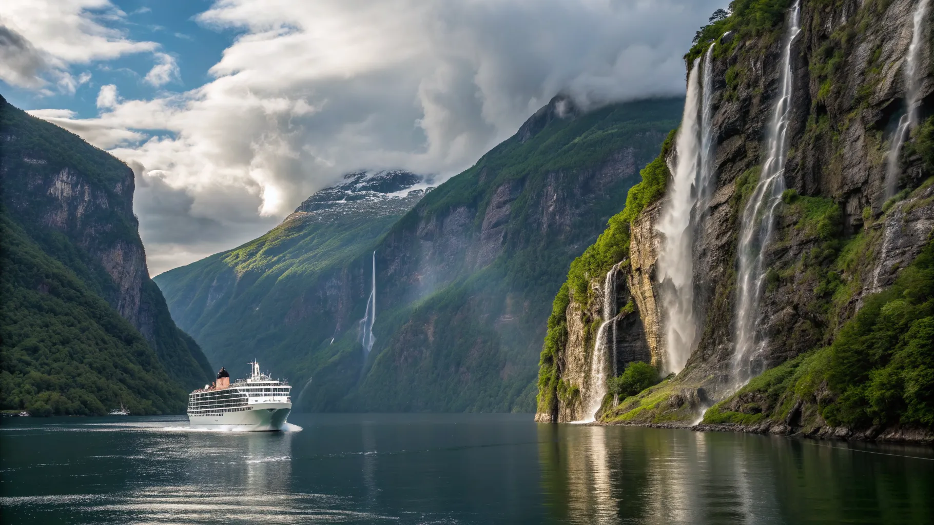 Ein elegantes Kreuzfahrtschiff navigiert durch einen malerischen norwegischen Fjord während einer <strong>7 Tage Norwegen Fjorde Kreuzfahrt</strong>