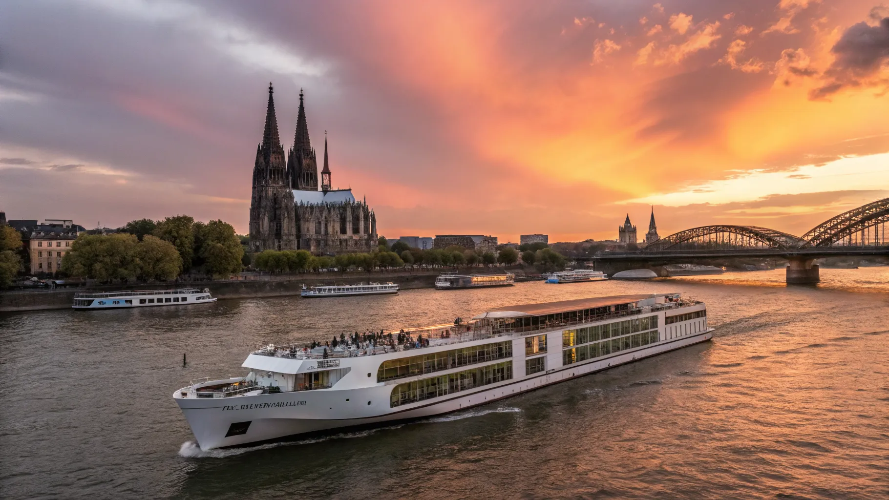 Ein elegantes Flusskreuzfahrtschiff gleitet auf dem Rhein entlang, mit der Kölner Domkulisse im Hintergrund bei Sonnenuntergang, während es eine 8-tägige Flusskreuzfahrt ab Köln beginnt.