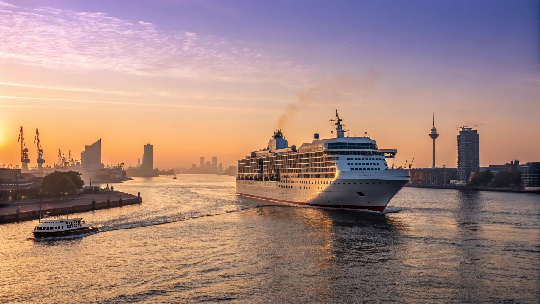 Luxuriöses Kreuzfahrtschiff verlässt den Hamburger Hafen bei Sonnenaufgang für eine <strong>14 Nächte Südostasien Kreuzfahrt ab Hamburg</strong>.
