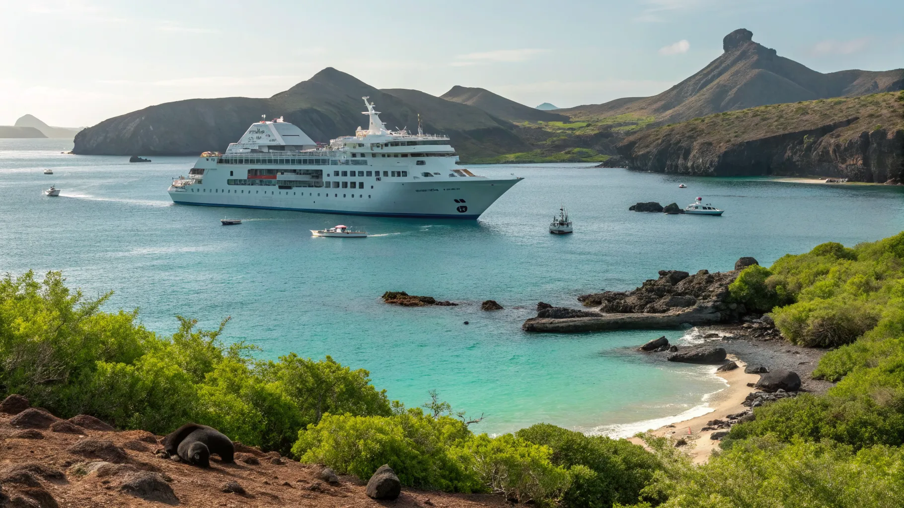 Giant tortoise on a volcanic landscape, emblematic of a Galapagos expedition cruise.