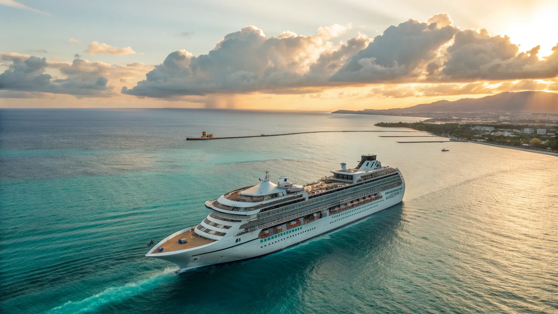 Luxury cruise ship sailing across the Pacific Ocean from Los Angeles towards Japan and Singapore, illustrating a 12-day Los Angeles to Singapore Japan itinerary