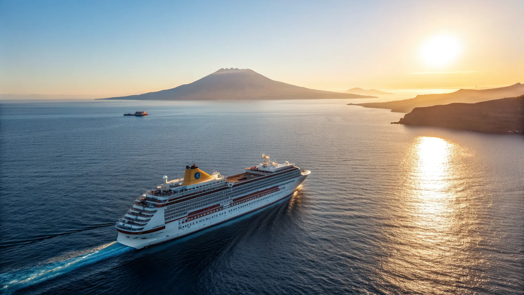 A majestic cruise ship sailing towards the sunny Canary Islands on a 14 night cruise