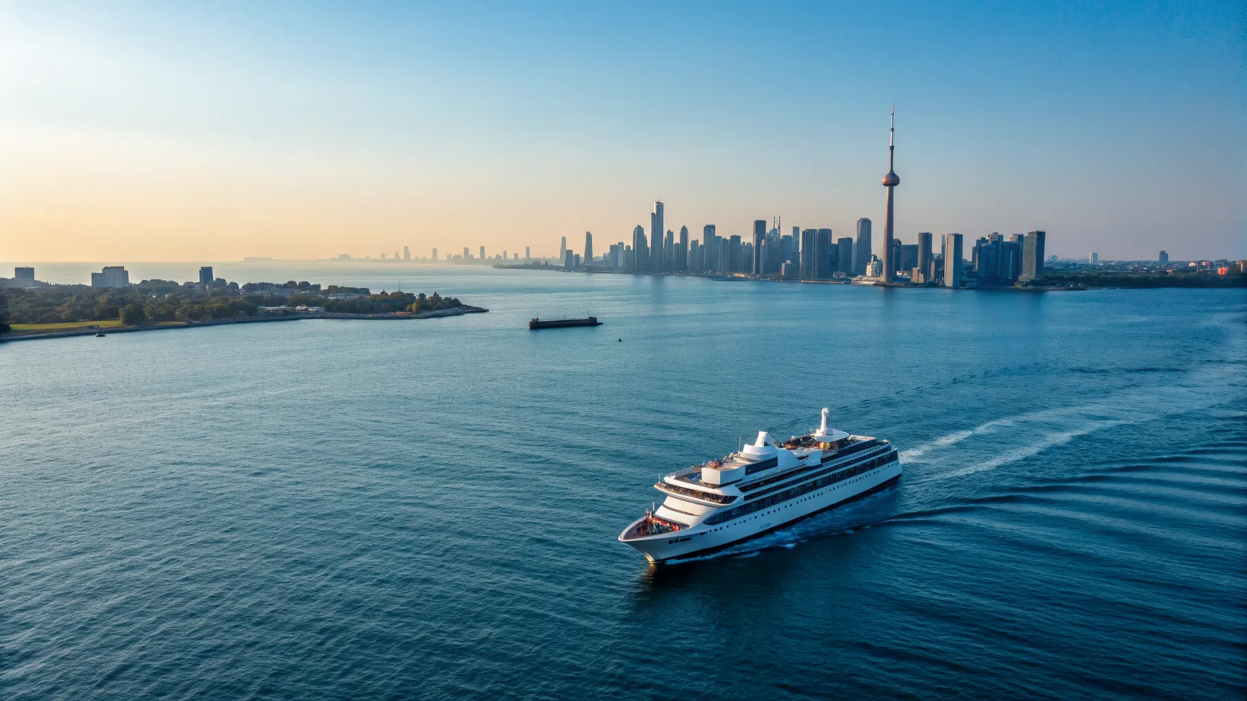 A cruise ship navigating the calm waters of Lake Ontario with Toronto skyline in the distance, illustrating a 7 Night Great Lakes Cruise from Toronto.