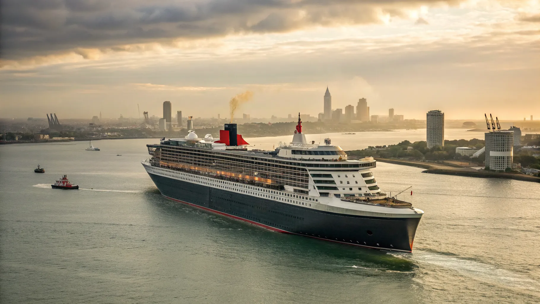 Luxury cruise ship departing from Southampton port with the city in the background, heading towards the Caribbean, under a clear sky.