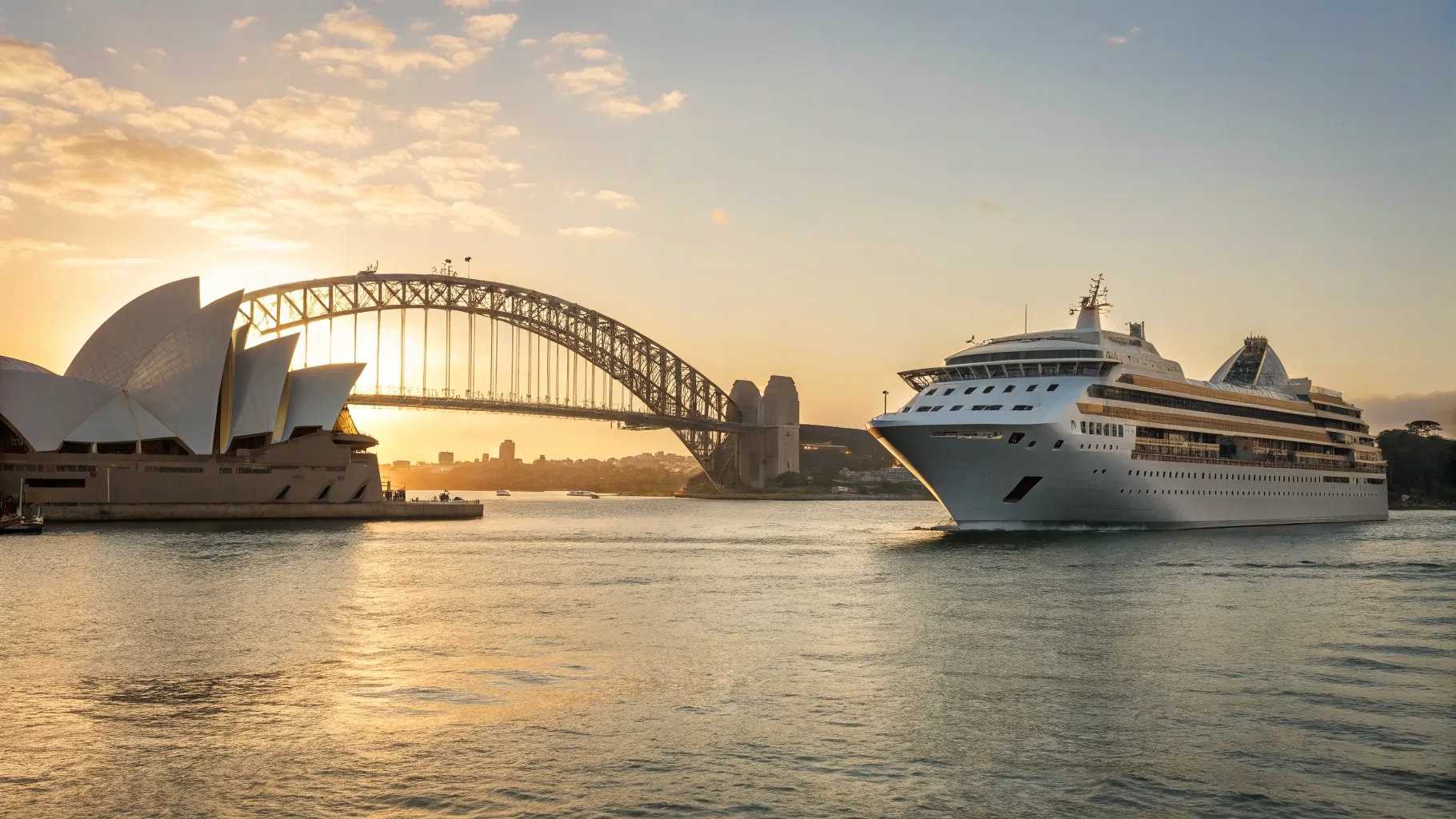 Luxury cruise ship sailing past the Sydney Opera House at sunset, a perfect start to a weekend cruise from Sydney