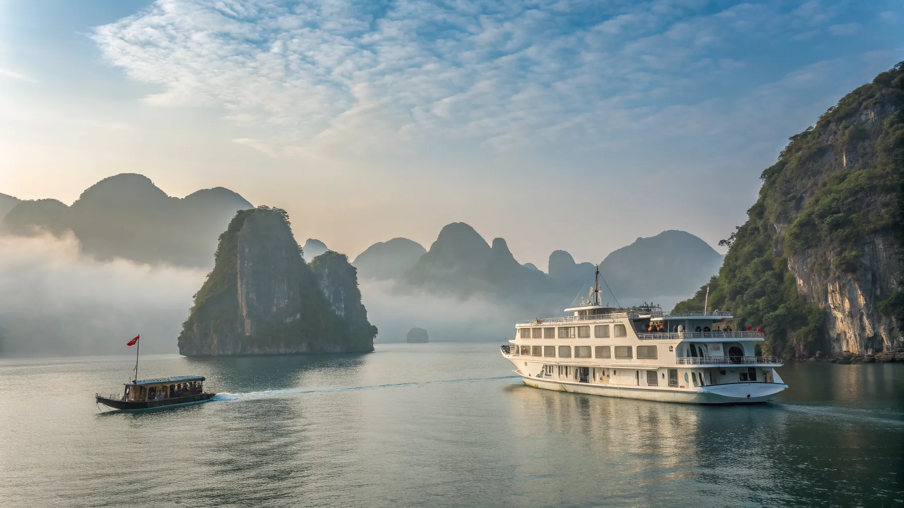 A luxury cruise ship sailing past the stunning karst landscapes of Ha Long Bay, Vietnam, an iconic stop on many cruises to China and Vietnam.