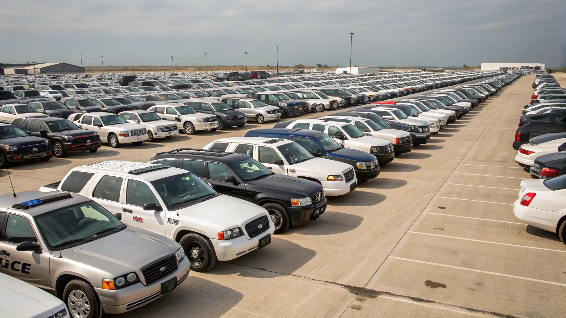 Line of diverse police impounded vehicles for sale at an auction lot, representing various brands and conditions, ready for bidders.