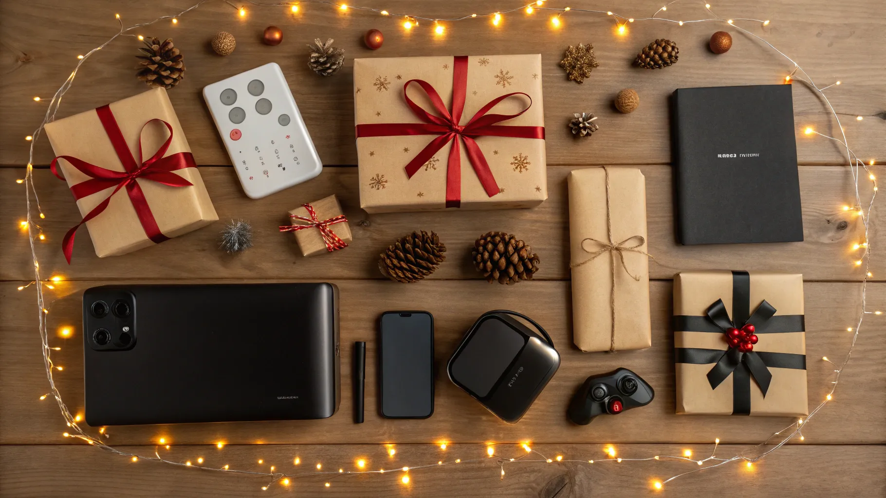 10 Black Friday Gift Ideas for everyone in a festive arrangement on a wooden table.